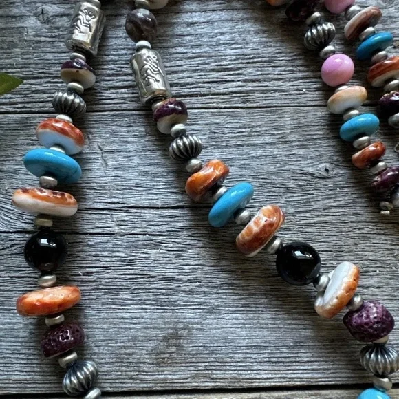 Southwestern 925 Sterling Silver Multi Gem Stone W Pearls Bead Necklace. 26 inch